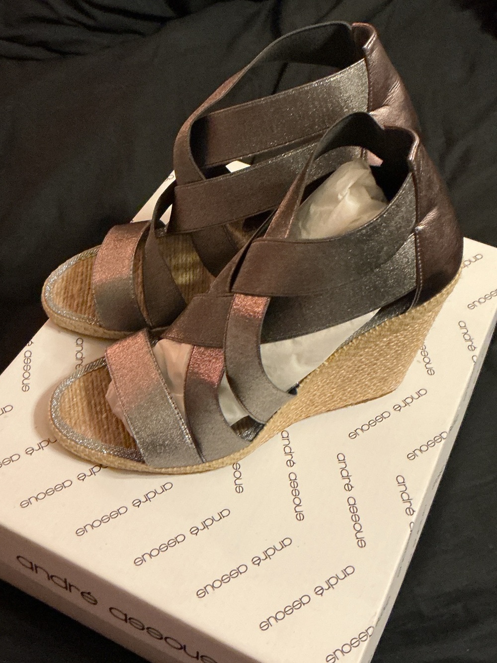 Andre Assous Bronze Metallic Crisscross Wedge Sandals